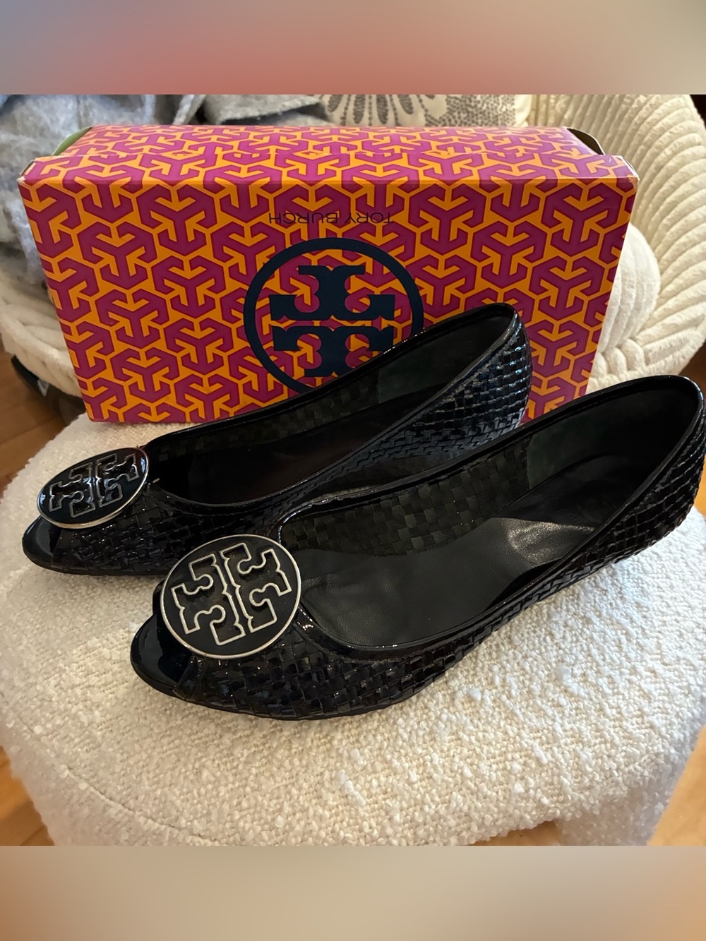 Tory Burch Black Woven Patent Logo Flats